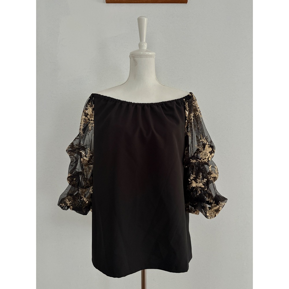 MSK Black Off The Shoulder Blouse L Gold Sequin Floral Mesh Tiered Sleeve Large